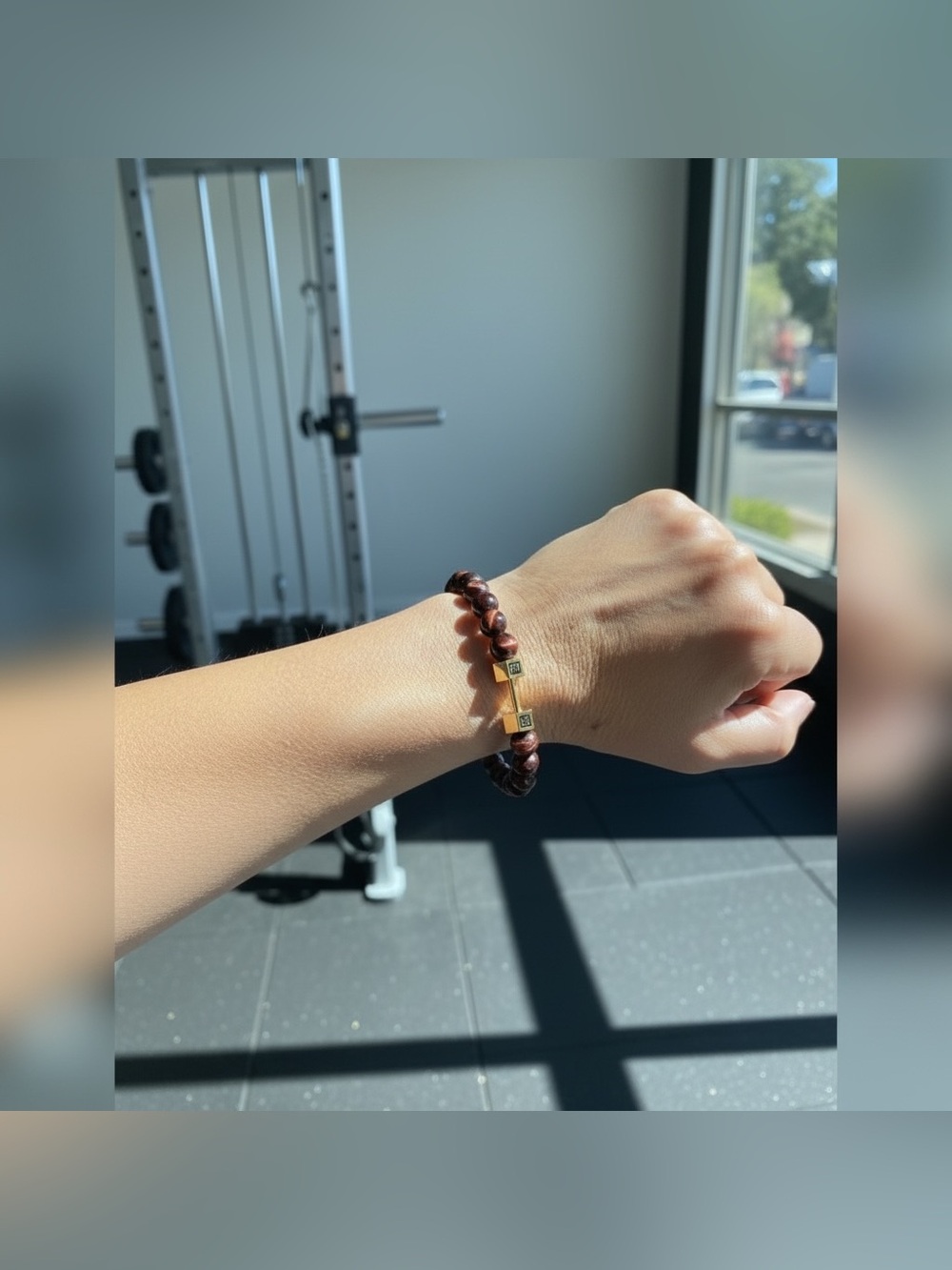 Tiger Eye Stretch Beaded Bracelet with Gold Dumbbell Charm for Men or Women-NWOT